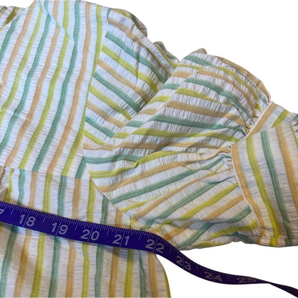 Vintage 60s 70s Seersucker House Coat Striped Lounge Dress Ric Rac Trim Mumu - Picture 10 of 14